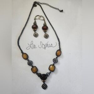 LIA SOPHIA Brown and Red Necklace and Earring Set